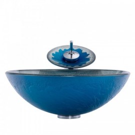 Round Countertop Washbasin In Wave Foam Blue Tempered Glass With Faucet For Bathroom