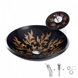 Round Countertop Washbasin D 46Cm Tempered Glass Grass With Faucet For Bathroom