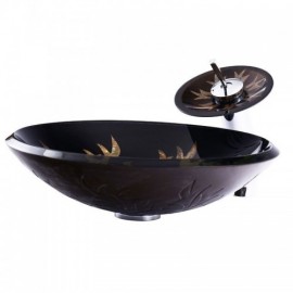 Round Countertop Washbasin D 46Cm Tempered Glass Grass With Faucet For Bathroom