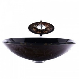 Round Countertop Washbasin D 46Cm Tempered Glass Grass With Faucet For Bathroom