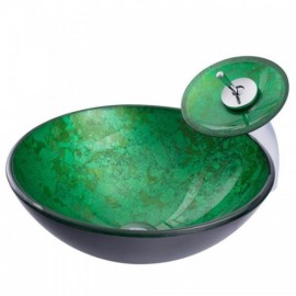 Round Green And Black Waterfall Tempered Glass Sink With Faucet For Bathroom