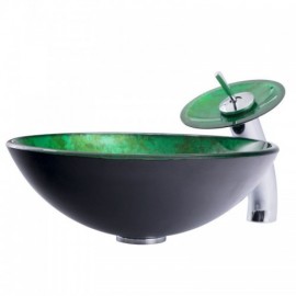 Round Green And Black Waterfall Tempered Glass Sink With Faucet For Bathroom