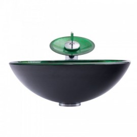 Round Green And Black Waterfall Tempered Glass Sink With Faucet For Bathroom