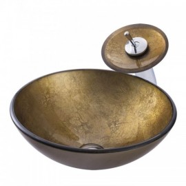 Round Copper Tempered Glass Countertop Washbasin With Faucet For Bathroom