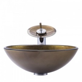 Round Copper Tempered Glass Countertop Washbasin With Faucet For Bathroom