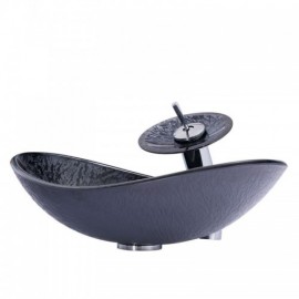 Waterfall Black Tempered Glass Sink With Faucet For Bathroom