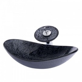 Waterfall Black Tempered Glass Sink With Faucet For Bathroom