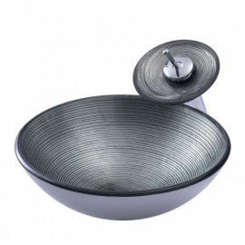 Silver Round Countertop Washbasin With Tempered Glass With Faucet For Bathroom