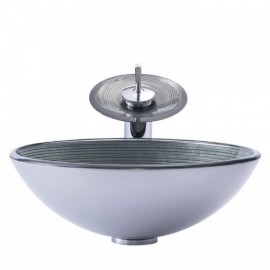 Silver Round Countertop Washbasin With Tempered Glass With Faucet For Bathroom