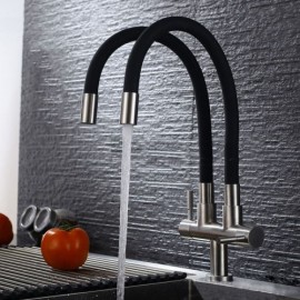 Cold Water Kitchen Faucet In Stainless Steel 2 Handles 2 Outlets Free Rotation
