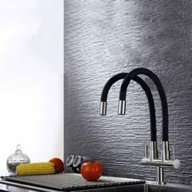 Cold Water Kitchen Faucet In Stainless Steel 2 Handles 2 Outlets Free Rotation