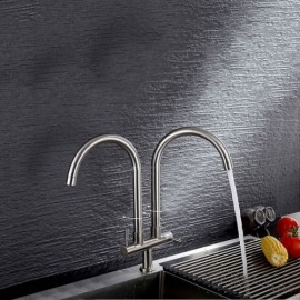 Wall-Mounted Cold Water Kitchen Faucet Stainless Steel 2 Handles 2 Outlets