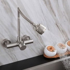 Wall-Mounted Kitchen Mixer Stainless Steel Free Rotation 2 Holes 2 Handles