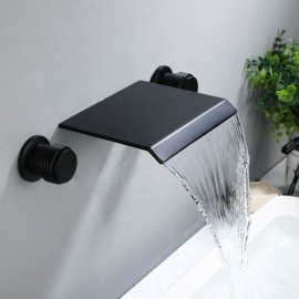 Black/Brushed Nickel Double Handle Wall-Mount Waterfall Sink Faucet