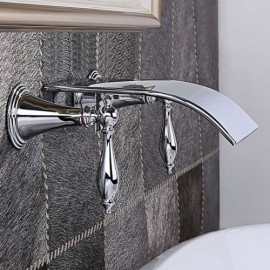 Wall-Mounted Waterfall Sink Faucet In Solid Brass Chrome Finish With Double Handle