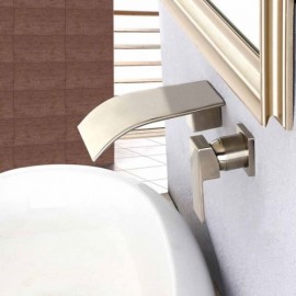 Single Handle Waterfall Sink Faucet In Brushed Nickel Wall Mount