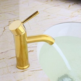 Modern Solid Brass Single Handle Lavatory Faucet In Gold