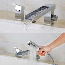Contemporary Waterfall Bathtub Faucet With Hand Shower 3 Holes Installation Required