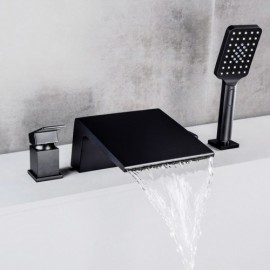 Contemporary Waterfall Bathtub Faucet With Hand Shower Solid Black/Chrome