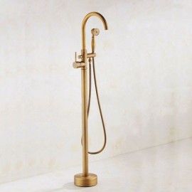 Antique Brass Freestanding Bath Mixer With Swivel Spout And Handshower
