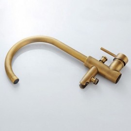 Antique Brass Freestanding Bath Mixer With Swivel Spout And Handshower