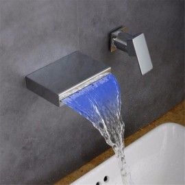 Led Chrome Waterfall Basin Faucet Two Handles For Bathroom