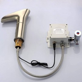 Led Waterfall Basin Faucet In Brushed Nickel With Automatic Sensor For Bathroom