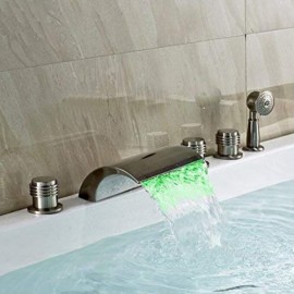 Bathtub Mixer With Led Hand Shower In Casade Brass 3 Brushed Handles For Bathroom