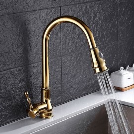 Single Handle Solid Brass Pull-Down Spout Kitchen Faucet Gold