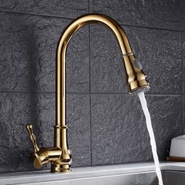 Single Handle Solid Brass Pull-Down Spout Kitchen Faucet Gold