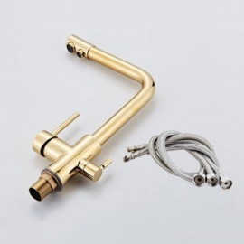 Gold Polished Solid Brass Double Handle Kitchen Faucet