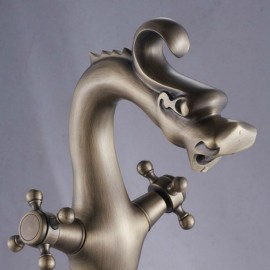 Antique Brass Single Hole Basin Faucet Unique Dragon Design