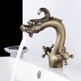 Antique Brass Single Hole Basin Faucet Unique Dragon Design