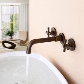 Wall Mounted Bathroom Sink Faucet Double Handle In Antique Brass