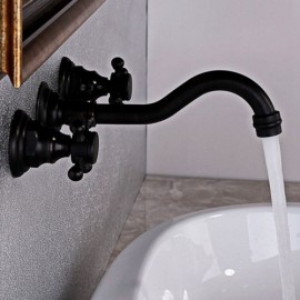 Antique Black Solid Brass Sink Faucet Wall Mounted With Double Handles