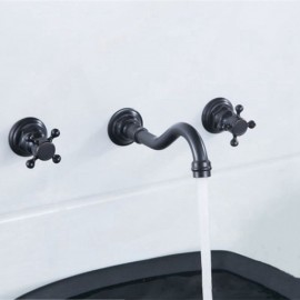 Antique Black Solid Brass Sink Faucet Wall Mounted With Double Handles