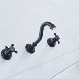 Antique Black Solid Brass Sink Faucet Wall Mounted With Double Handles