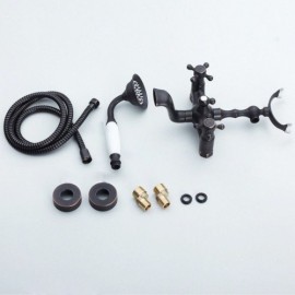 Bathtub Mixer With Ceramic Brass Handshower 2 Black Handles Orb For Retro Bathroom