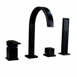 Bathtub Mixer With Brass Hand Shower 4 Holes Black For Bathroom