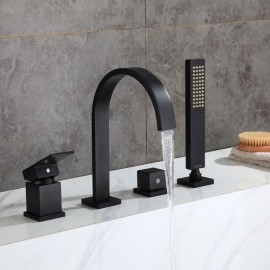 Bathtub Mixer With Brass Hand Shower 4 Holes Black For Bathroom