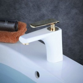 Shiny White Brass Basin Mixer With Gold Handle For Bathroom