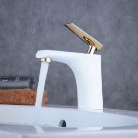 Shiny White Brass Basin Mixer With Gold Handle For Bathroom