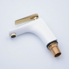 Shiny White Brass Basin Mixer With Gold Handle For Bathroom