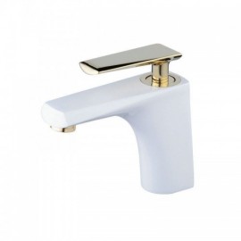 Shiny White Brass Basin Mixer With Gold Handle For Bathroom