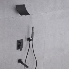 Black Recessed Waterfall Shower Faucet With Wall-Mounted Shower Head For Bathroom