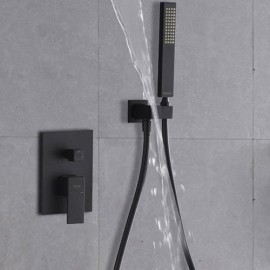 Black Recessed Waterfall Shower Faucet With Wall-Mounted Shower Head For Bathroom