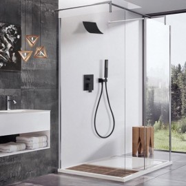 Black Recessed Waterfall Shower Faucet With Wall-Mounted Shower Head For Bathroom
