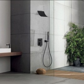 Black Recessed Waterfall Shower Faucet With Wall-Mounted Shower Head For Bathroom