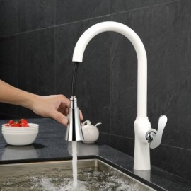 Single Lever Kitchen Faucet With Spray In Painted Brass White