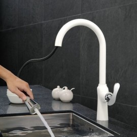 Single Lever Kitchen Faucet With Spray In Painted Brass White